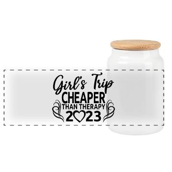 Girl's Trip Cheaper Than Therapy 2023 Girls Party - Panoramic Cookie Jar with Wooden Lid - white - Front