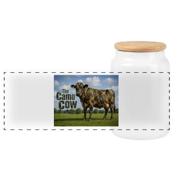 Camo cow in meadow - Panoramic Cookie Jar with Wooden Lid - white - Front