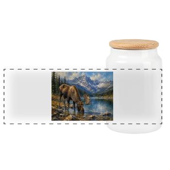 Alpen-Elch am Bergsee - Panorama Keksdose mit Holzdeckel - Weiß - Vorne