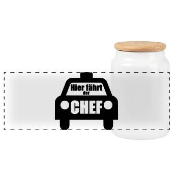 Hier fährt der Chef Taxi Fahrer Auto Geschenk - Panorama Keksdose mit Holzdeckel - Weiß - Vorne