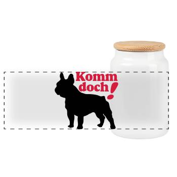 Französische Bulldogge , French Bulldog ,Komm.(25) - Panorama Keksdose mit Holzdeckel - Weiß - Vorne