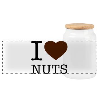 I LOVE NUTS Nüsse - Panorama Keksdose mit Holzdeckel - Weiß - Vorne