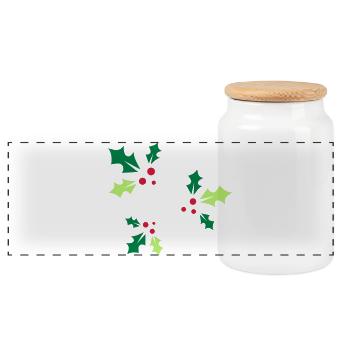 three holly branches with three red berries - Panoramic Cookie Jar with Wooden Lid - white - Front