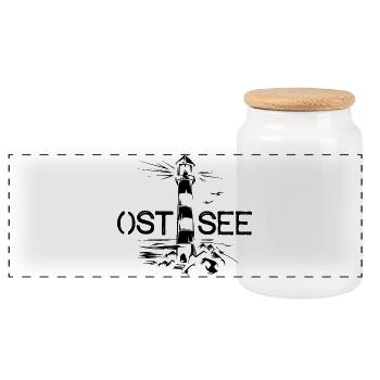ostsee Leuchtturm Meer Logo Grafik Illustration - Panorama Keksdose mit Holzdeckel - Weiß - Vorne
