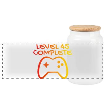 45th Birthday Level 45 Complete - Panoramic Cookie Jar with Wooden Lid - white - Front