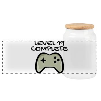 19 Geburtstag - Level 19 Complete - Gamer 19 Jahre - Panorama Keksdose mit Holzdeckel - Weiß - Vorne
