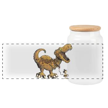 Prehistoric man walks with Dino I Dinosaur - Panoramic Cookie Jar with Wooden Lid - white - Front