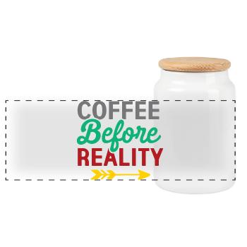 Kaffee vor der Realität - Panorama Keksdose mit Holzdeckel - Weiß - Vorne