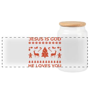 Jesus is God Christmas Motif - Panoramic Cookie Jar with Wooden Lid - white - Front