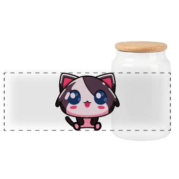 Kawaii Chibi Katze – Süße pinke Anime-Katze - Panorama Keksdose mit Holzdeckel - Weiß - Vorne