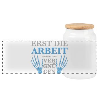 Erst die Arbeit, Zeichnung Hand, lustiger Spruch - Panorama Keksdose mit Holzdeckel - Weiß - Vorne