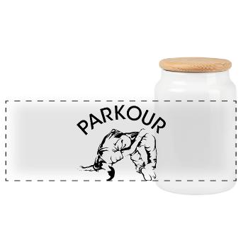 Parkour Backflip Freerunning Symbol Logo Graphic - Panoramic Cookie Jar with Wooden Lid - white - Front