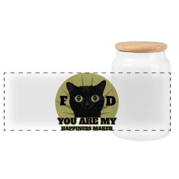 Cute Black Cat - Panoramic Cookie Jar with Wooden Lid - white - Front