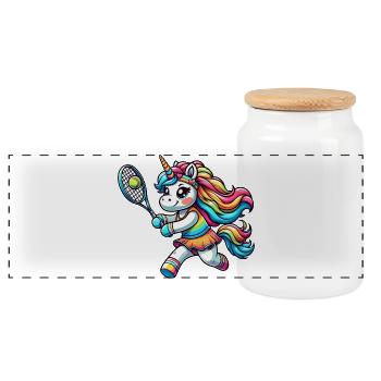 Einhorn Tennis-Spieler - Lustiger Comic-Spaß auf - Panorama Keksdose mit Holzdeckel - Weiß - Vorne