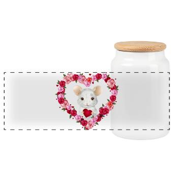 white mouse with roses heart for valentine's day - Panoramic Cookie Jar with Wooden Lid - white - Front