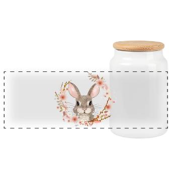 Spring wreath with rabbit as Easter bunny - Panoramic Cookie Jar with Wooden Lid - white - Front