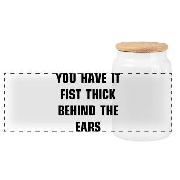 You have it fist thick behind the ears - Panoramic Cookie Jar with Wooden Lid - white - Front