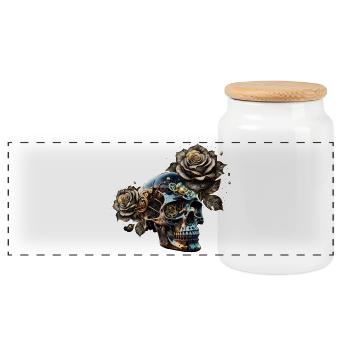 Atemberaubender dunkler Steampunk Totenkopf mit Rosen - Panorama Keksdose mit Holzdeckel - Weiß - Vorne