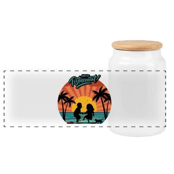 Guesthouse couple dancing happily sunset palm trees - Panoramic Cookie Jar with Wooden Lid - white - Front
