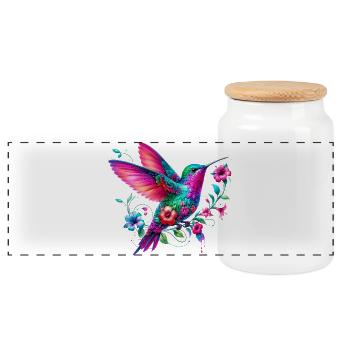 Hummingbird decorated with flowers - Panoramic Cookie Jar with Wooden Lid - white - Front