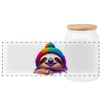 Sloth with wool cap hat - Panoramic Cookie Jar with Wooden Lid - white - Front