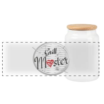 Un barbecue avec des ustensiles de barbecue et de la viande en forme de cœur - Boîte à biscuits avec couvercle en bois - blanc - Devant