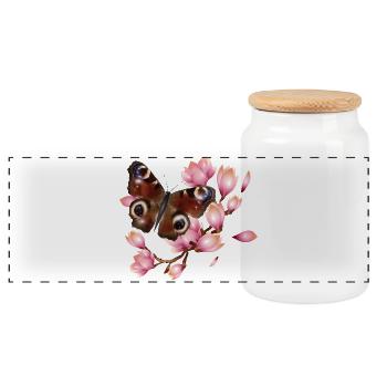 Schmetterling Tagpfauenauge mit Magnolie in rosa - Panorama Keksdose mit Holzdeckel - Weiß - Vorne