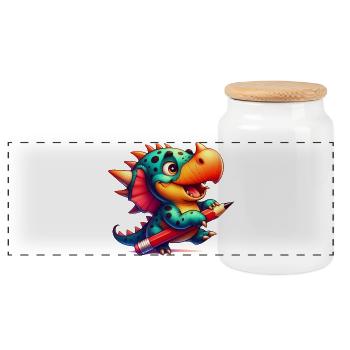 Kawaii Dino with Pencil Cute Dinosaur Child - Panoramic Cookie Jar with Wooden Lid - white - Front