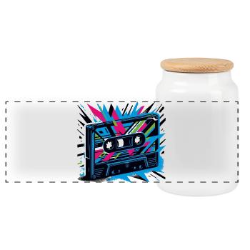 Musik Kassette im Retro-Stil 80er und 90er Stil - Panorama Keksdose mit Holzdeckel - Weiß - Vorne