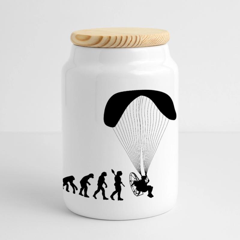 Paramotoring Human Evolution Funny Panoramic Cookie Jar with Wooden Lid