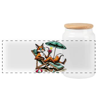 cooler Cartoon-Fuchs am Strand auf einer Liege - Panorama Keksdose mit Holzdeckel - Weiß - Vorne