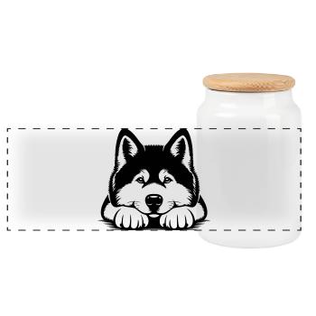 Akita Head with Paws - Panoramic Cookie Jar with Wooden Lid - white - Front