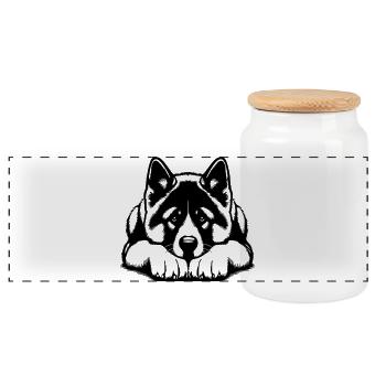 American Akita Head with Paws - Panoramic Cookie Jar with Wooden Lid - white - Front