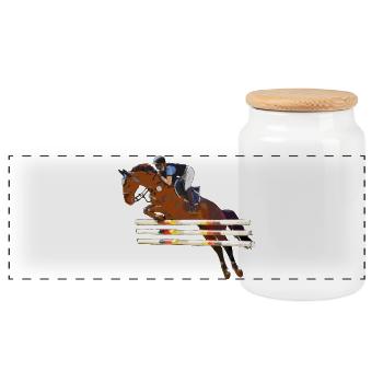 Rider with his horse jumping - Panoramic Cookie Jar with Wooden Lid - white - Front