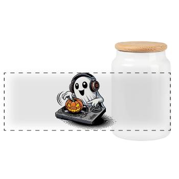 Joyeux fantôme d’Halloween en tant que DJ avec une citrouille - Boîte à biscuits avec couvercle en bois - blanc - Devant