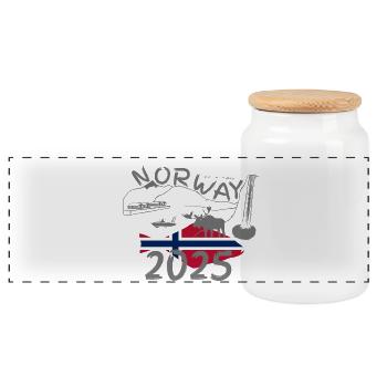 Norwegen 2025 Heilbutt mit Bergen und Elch Angeln - Panorama Keksdose mit Holzdeckel - Weiß - Vorne