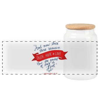 Faith Hope and Love 2 - Panoramic Cookie Jar with Wooden Lid - white - Front