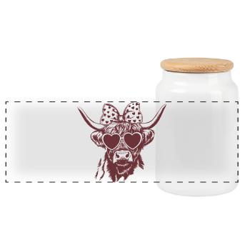Highland Kuh in Love – Design mit Herzbrille - Panorama Keksdose mit Holzdeckel - Weiß - Vorne