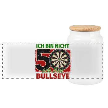 Ich bin nicht 50 ich bin Bullseye Geburtstag Dart - Panorama Keksdose mit Holzdeckel - Weiß - Vorne