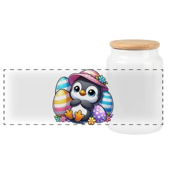 Süßer Pinguin mit Osterei Cartoon - Panorama Keksdose mit Holzdeckel - Weiß - Vorne