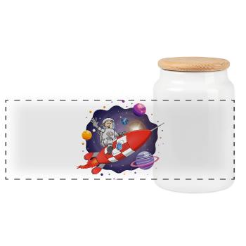 The astronaut on the red rocket in space - Panoramic Cookie Jar with Wooden Lid - white - Front