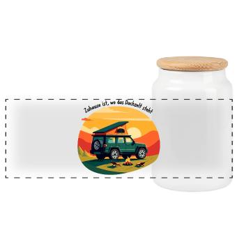 Adventurous camping car at sunset - Panoramic Cookie Jar with Wooden Lid - white - Front