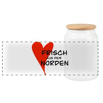 Herz Freundschaft frisch aus dem norden - Panorama Keksdose mit Holzdeckel - Weiß - Vorne