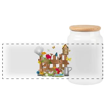 liebevoll gestalteter bunter Gartenzaun mit Blumen - Panorama Keksdose mit Holzdeckel - Weiß - Vorne