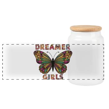 Verträumter Schmetterling und inspirierende Inschrift - Panorama Keksdose mit Holzdeckel - Weiß - Vorne