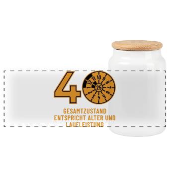 HU Oktober 2025 - 40 Jahre - Geburtstag Geschenk - Panorama Keksdose mit Holzdeckel - Weiß - Vorne