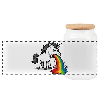 Puking Unicorn – Funny Rainbow Design - Panoramic Cookie Jar with Wooden Lid - white - Front