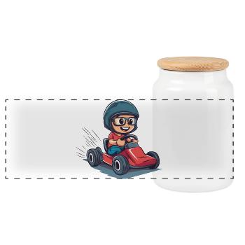 Kart driver with helmet and goggles - Panoramic Cookie Jar with Wooden Lid - white - Front