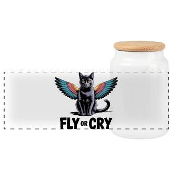 Fly or Cry Cat - Panoramic Cookie Jar with Wooden Lid - white - Front