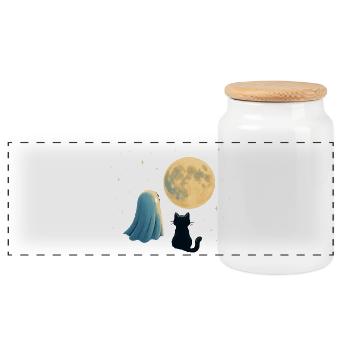 Night macro fantasy with moon and cat - Panoramic Cookie Jar with Wooden Lid - white - Front